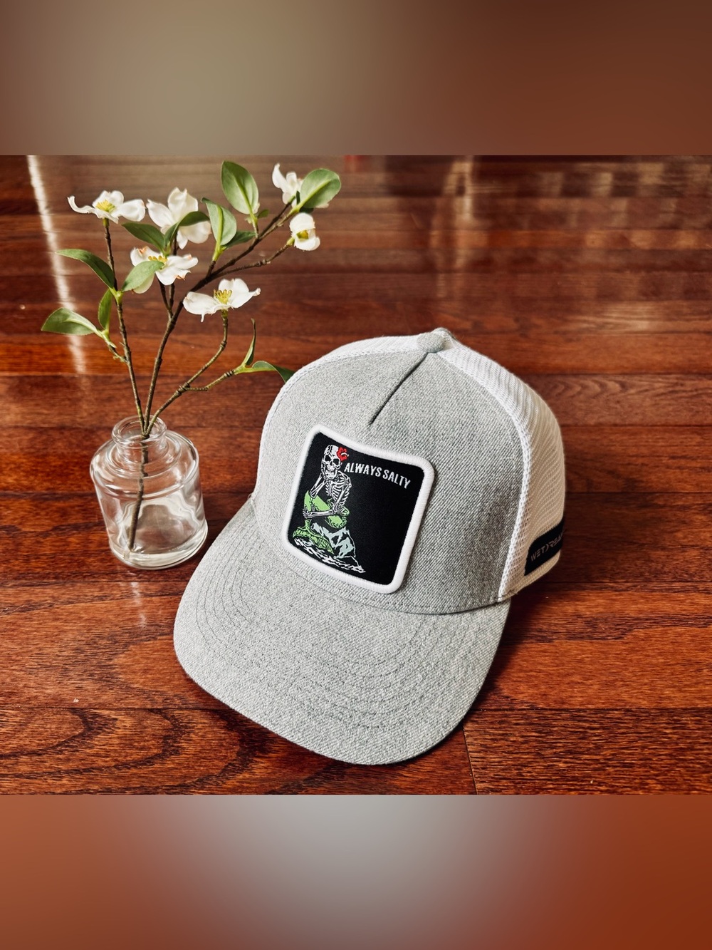 Wet Dreamz Surf Company “Always Salty” Trucker Hat SnapBack Gray/White Mesh